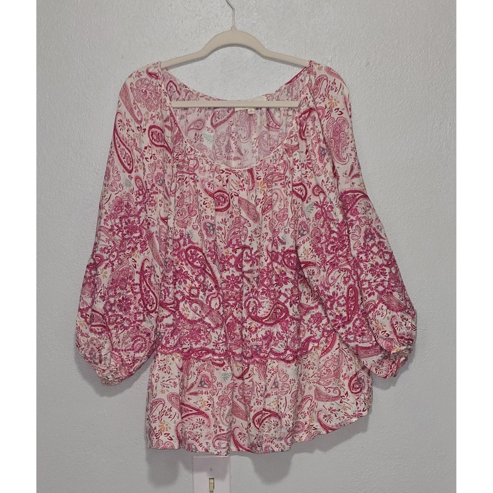 Penelope Rose 2X Pink Paisley Floral Rayon Crochet Trim Dolman Sleeve Blouse Top